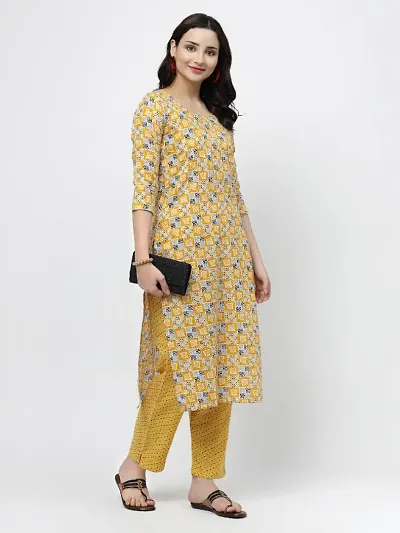 Cotton Blend Floral Block Printed Straight Kurta With Pant