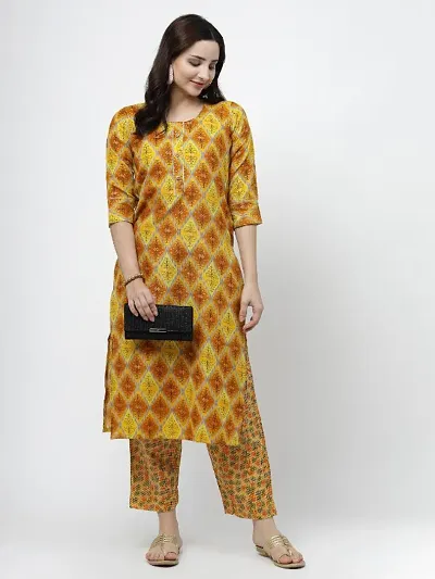 Cotton Blend Block Printed Straight Kurta With Pant