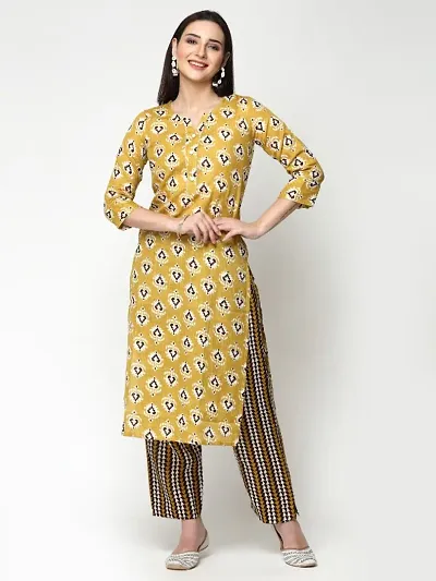 Cotton Blend Floral Block Printed Straight Kurta With Pant