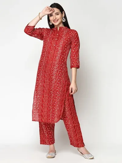 Cotton Blend Block Printed Straight Kurta With Pant