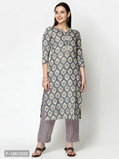 Womens Cotton Blend Printed Straight Kurta with Pant-thumb0