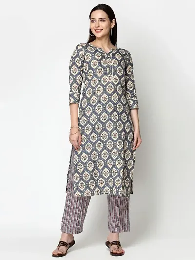 Cotton Blend Block Printed Straight Kurta With Pant