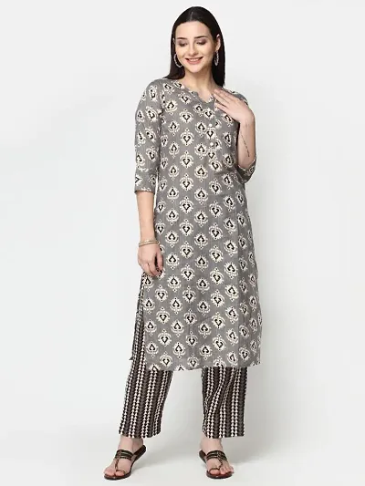 Cotton Blend Block Printed Straight Kurta With Pant