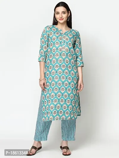 Womens Cotton Blend Printed Straight Kurta with Pant-thumb0