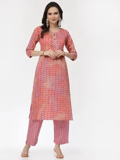 Cotton Blend Block Printed Straight Kurta With Pant