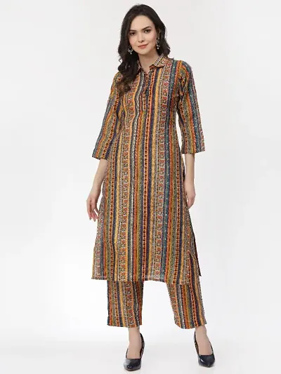 Cotton Blend Block Printed Straight Kurta With Pant