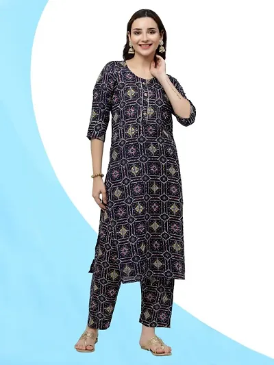 Cotton Blend Block Printed Straight Kurta With Pant