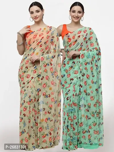 Womens Printed Georgette Saree with Unstitched Blouse Piece Combo Pack of 2-thumb0