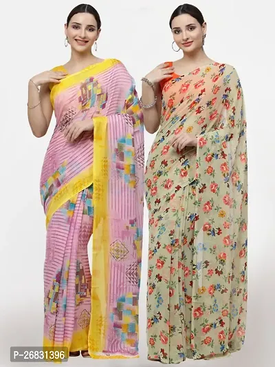 Womens Printed Georgette Saree with Unstitched Blouse Piece Combo Pack of 2-thumb0
