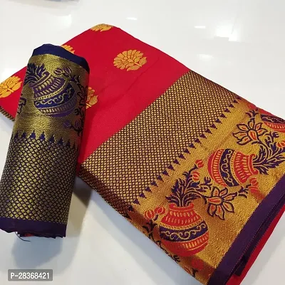 Elegant Red Cotton Silk Banarasi Silk Saree With Blouse Piece-thumb0