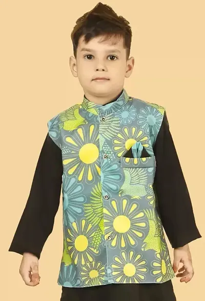 Boys Festive Party Kurta, Waistcoat and Pyjama Set (Black Pack of 1)