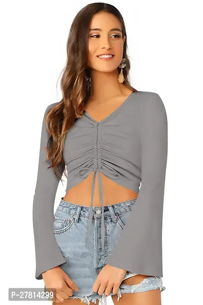 Elegant Grey Polyester Solid Crop Length Top For Women-thumb0