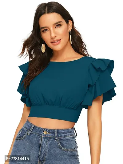 Elegant Blue Polyester Solid Crop Length Top For Women-thumb0