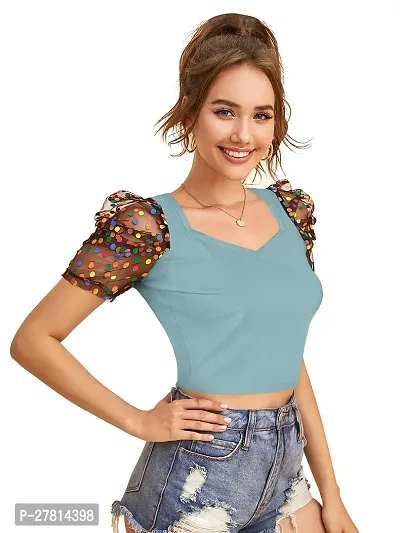 Elegant Green Polyester Printed Crop Length Top For Women-thumb2