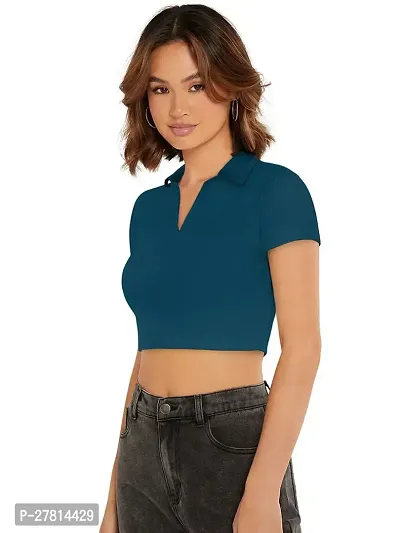 Elegant Blue Polyester Solid Crop Length Top For Women-thumb2