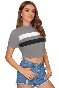 Elegant Grey Polyester Colourblocked Crop Length Top For Women-thumb1