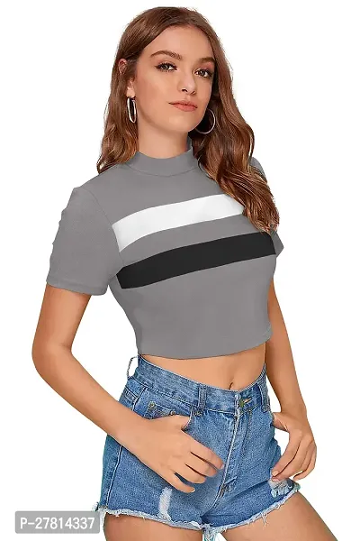 Elegant Grey Polyester Colourblocked Crop Length Top For Women-thumb2