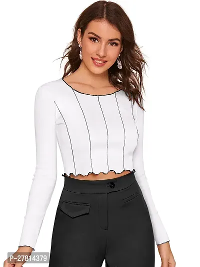 Elegant White Polyester Striped Crop Length Top For Women-thumb0