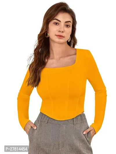 Elegant Yellow Polyester Solid Crop Length Top For Women