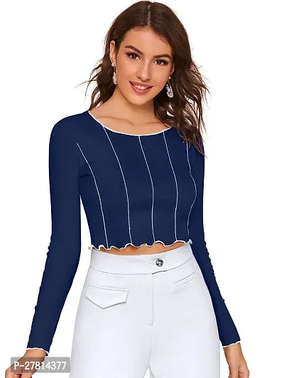 Elegant Navy Blue Polyester Striped Crop Length Top For Women-thumb0