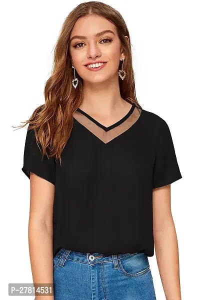 Elegant Black Polyester Solid Top  For Women