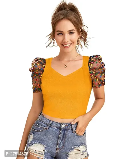 Elegant Yellow Polyester Printed Crop Length Top For Women