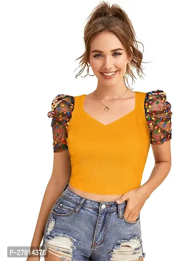 Elegant Yellow Polyester Printed Crop Length Top For Women-thumb0