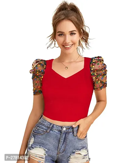 Elegant Red Polyester Printed Crop Length Top For Women