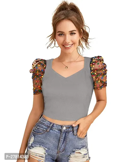 Elegant Grey Polyester Printed Crop Length Top For Women