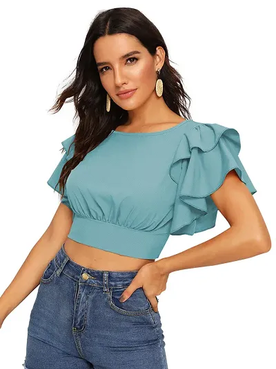 Kavmart Faltu Wear Butterfly Sleeve Stylish Western Crop Top for Women (XL, Pista)