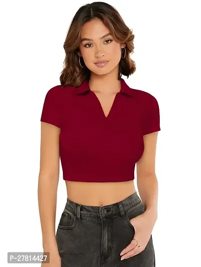 Elegant Maroon Polyester Solid Crop Length Top For Women