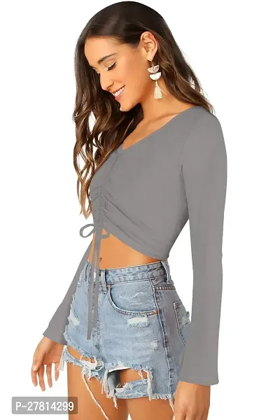 Elegant Grey Polyester Solid Crop Length Top For Women-thumb2