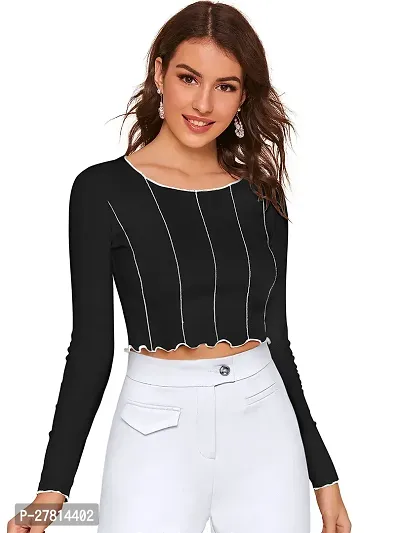 Elegant Black Polyester Striped Crop Length Top For Women-thumb0