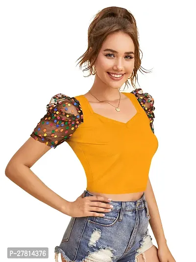 Elegant Yellow Polyester Printed Crop Length Top For Women-thumb2