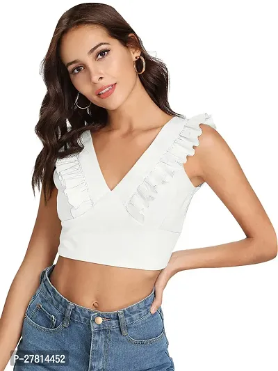 Elegant White Polyester Solid Crop Length Top For Women