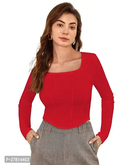 Elegant Red Polyester Solid Crop Length Top For Women