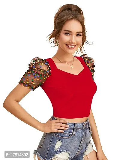 Elegant Red Polyester Printed Crop Length Top For Women-thumb2