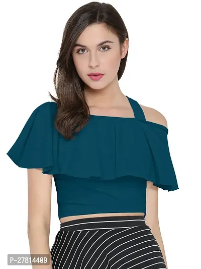 Elegant Blue Polyester Solid Crop Length Top For Women-thumb0