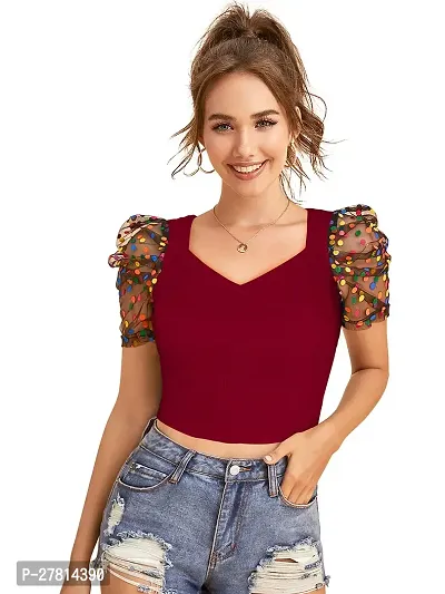 Elegant Maroon Polyester Printed Crop Length Top For Women-thumb0