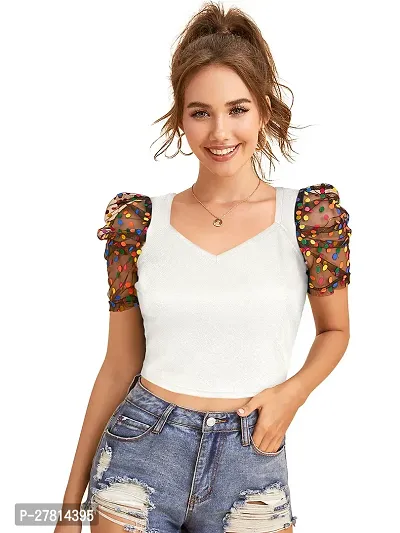 Elegant White Polyester Printed Crop Length Top For Women