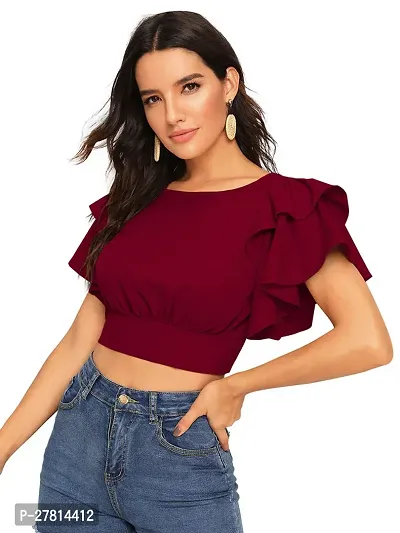 Elegant Maroon Polyester Solid Crop Length Top For Women