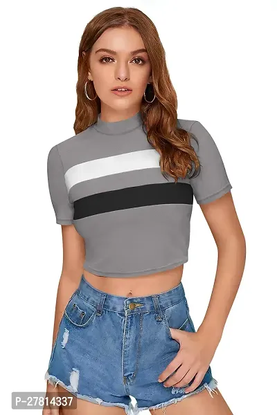 Elegant Grey Polyester Colourblocked Crop Length Top For Women-thumb0