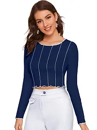 Elegant Navy Blue Polyester Striped Crop Length Top For Women-thumb1