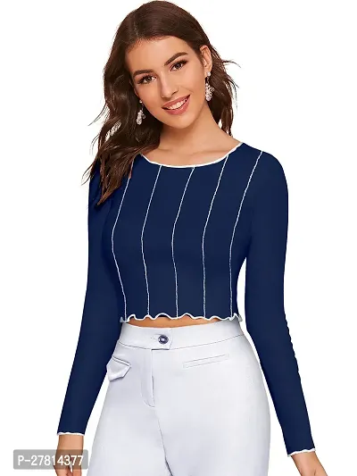 Elegant Navy Blue Polyester Striped Crop Length Top For Women-thumb2