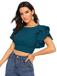Elegant Blue Polyester Solid Crop Length Top For Women-thumb1