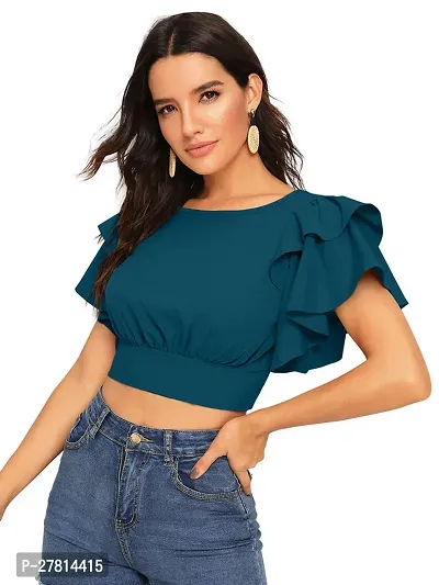 Elegant Blue Polyester Solid Crop Length Top For Women-thumb2
