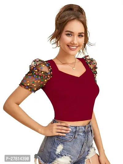 Elegant Maroon Polyester Printed Crop Length Top For Women-thumb2