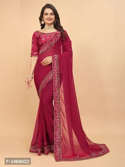 Beautifull Georgette Embroidery Saree With Beautiful Lace And Blouse