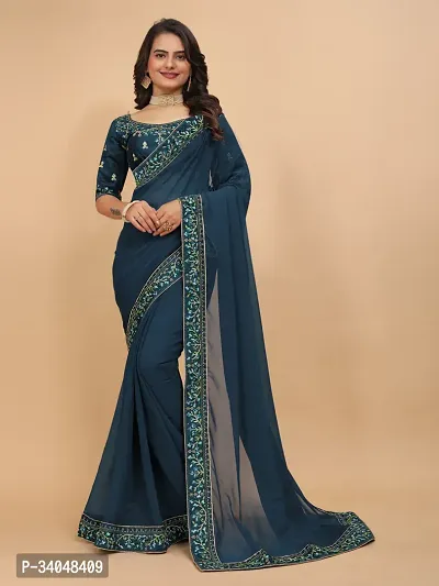 Beautifull Georgette Embroidery Saree With Beautiful Lace And Blouse-thumb0