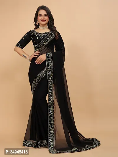 Beautifull Georgette Embroidery Saree With Beautiful Lace And Blouse-thumb0